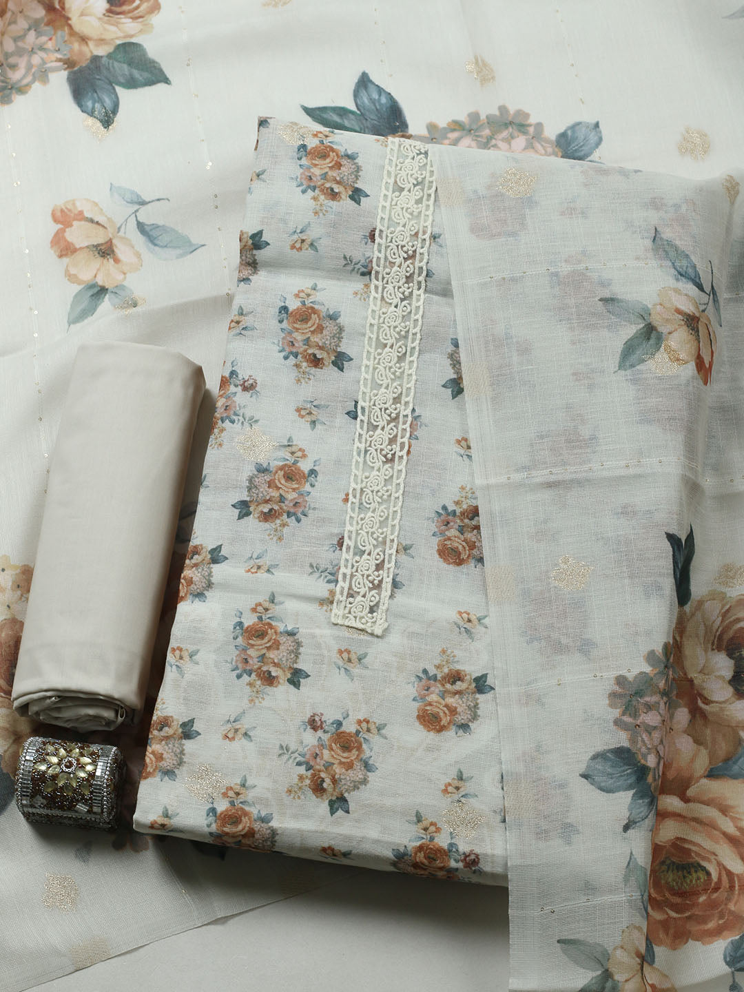 Embroidered Linen Blend Unstitched Suit With Pant &amp; Dupatta