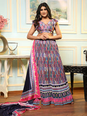 Bandhani Print Satin Unstitched Lehenga Choli With Dupatta