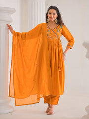 Neck Embroidery Cotton Blend Kurta With Pants & Dupatta