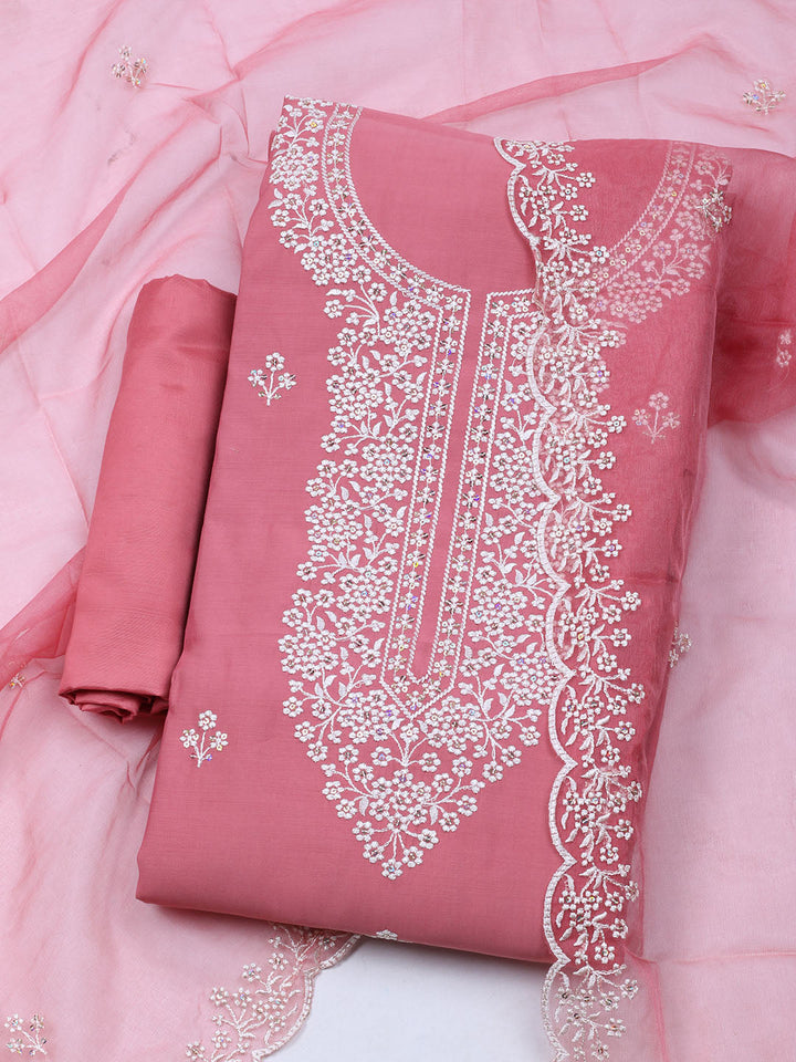 Embroidered Chanderi Unstitched Suit With Dupatta
