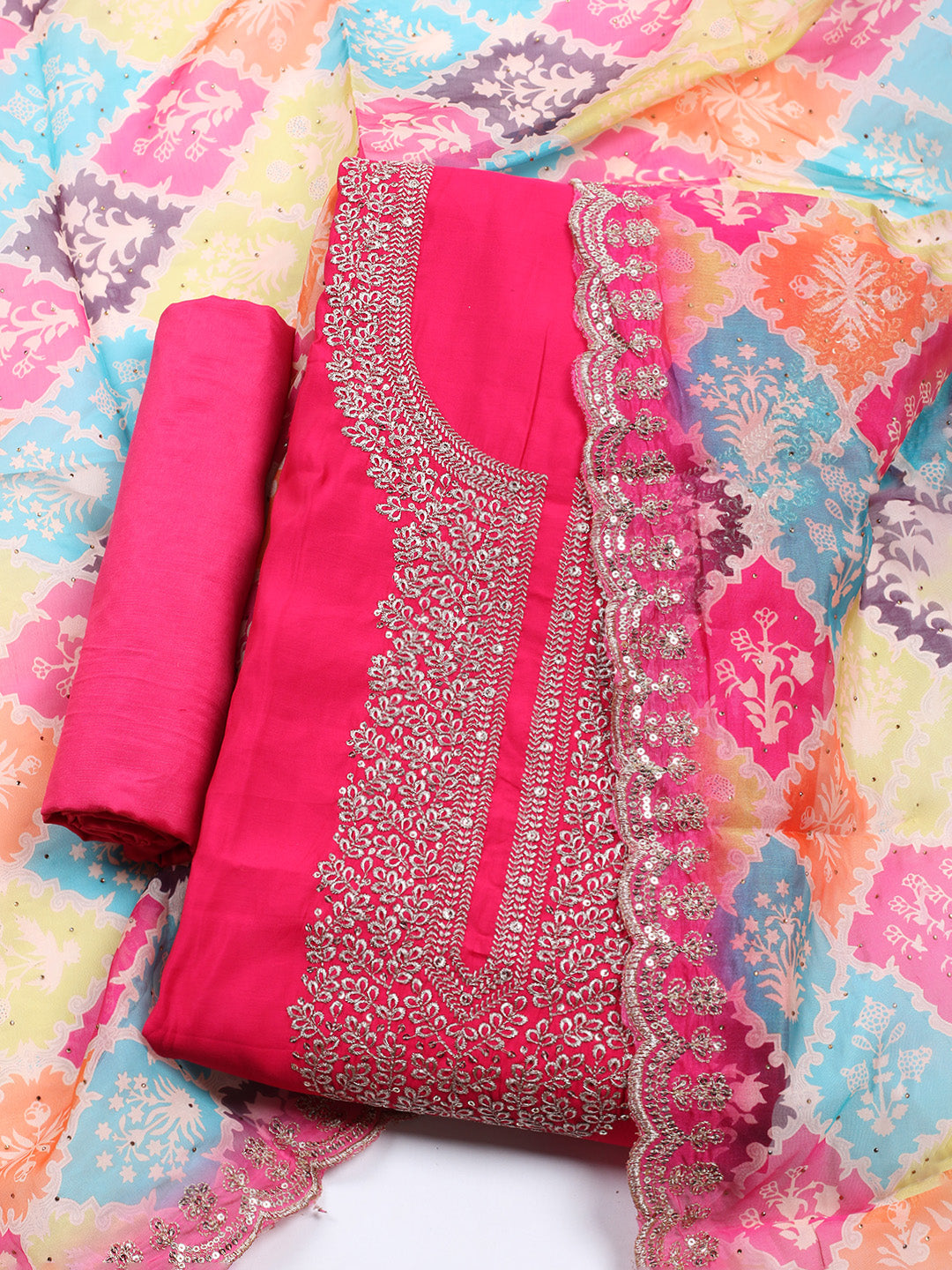 Neck Embroidered Chanderi Unstitched Suit With Dupatta