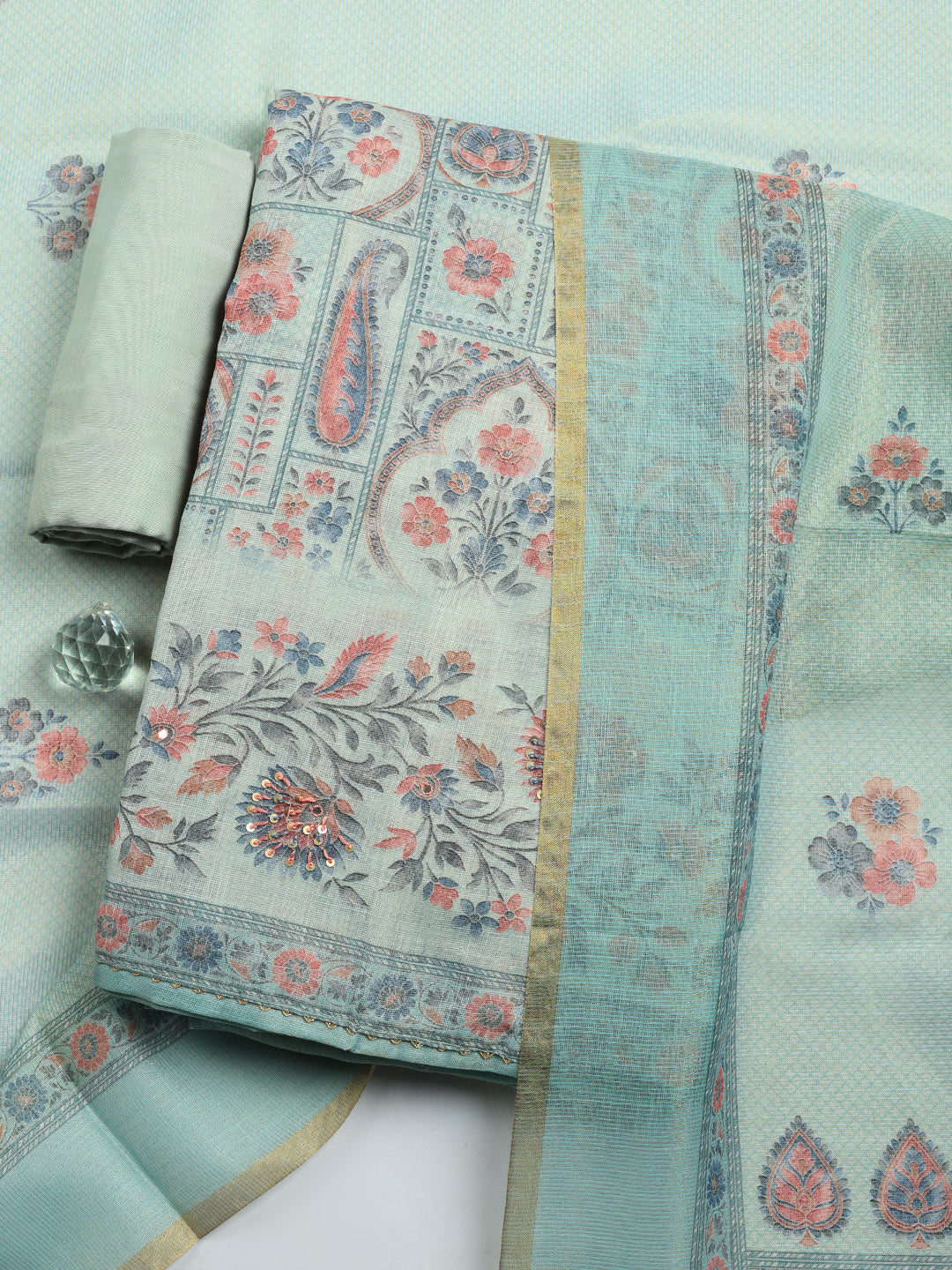 Printed Linen Blend Unstitched Suit With Pant &amp; Dupatta