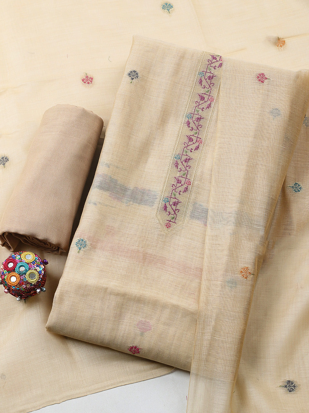 Embroidered Chanderi Unstitched Suit With Pant &amp; Dupatta