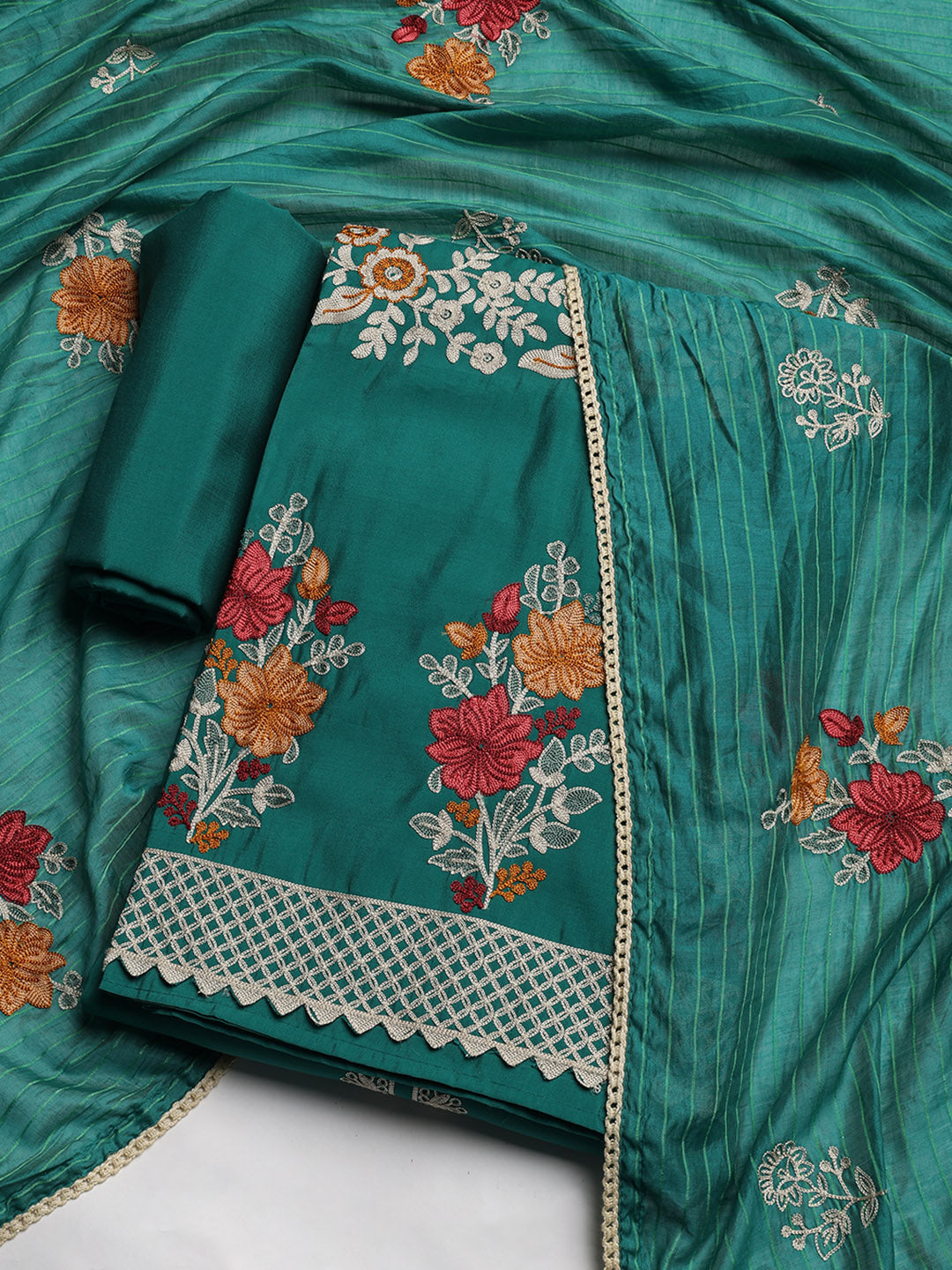Embroidered Chanderi Unstitched Suit With Dupatta
