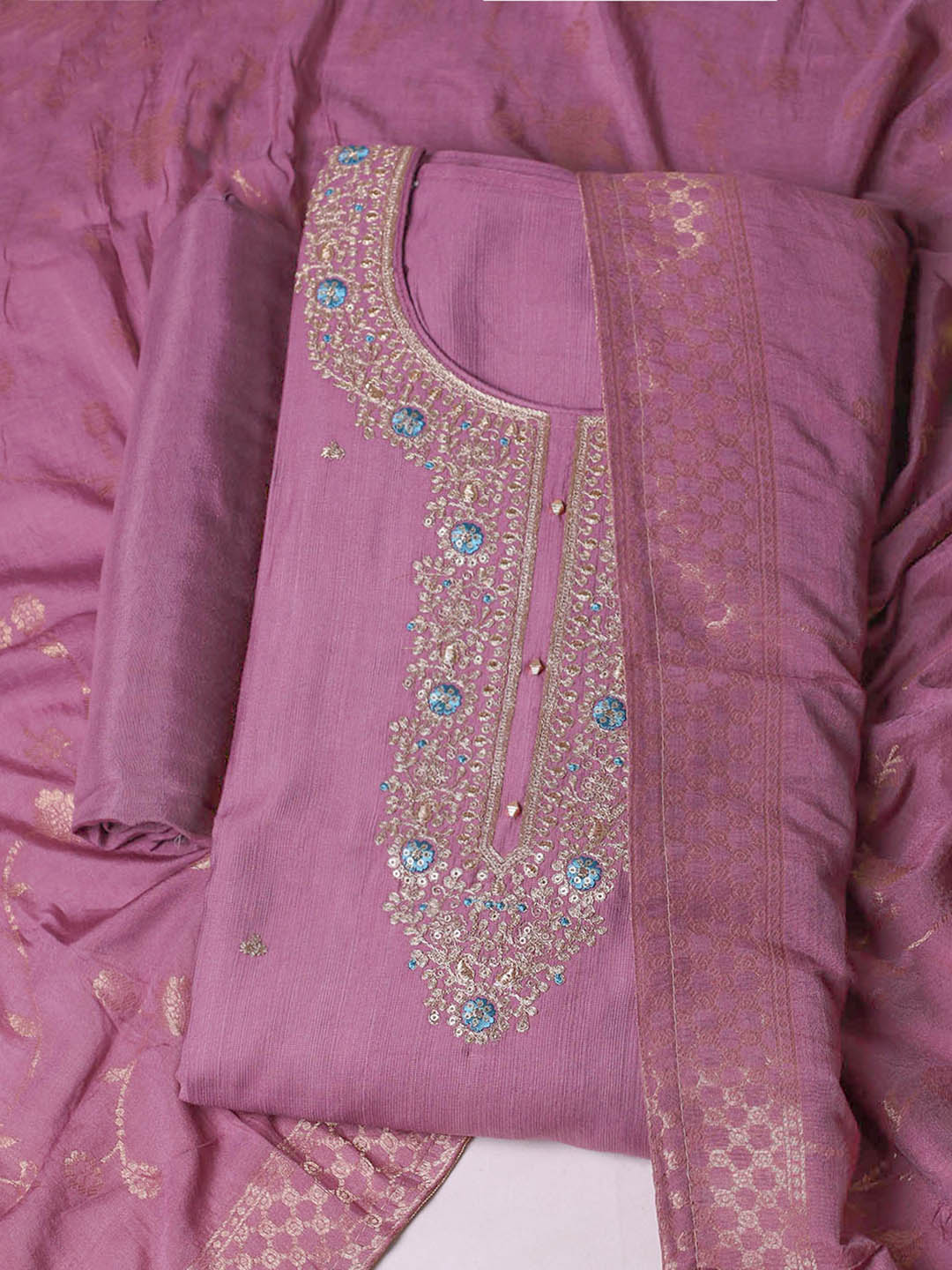 Embroidered Chanderi Unstitched Suit With Pant &amp; Dupatta