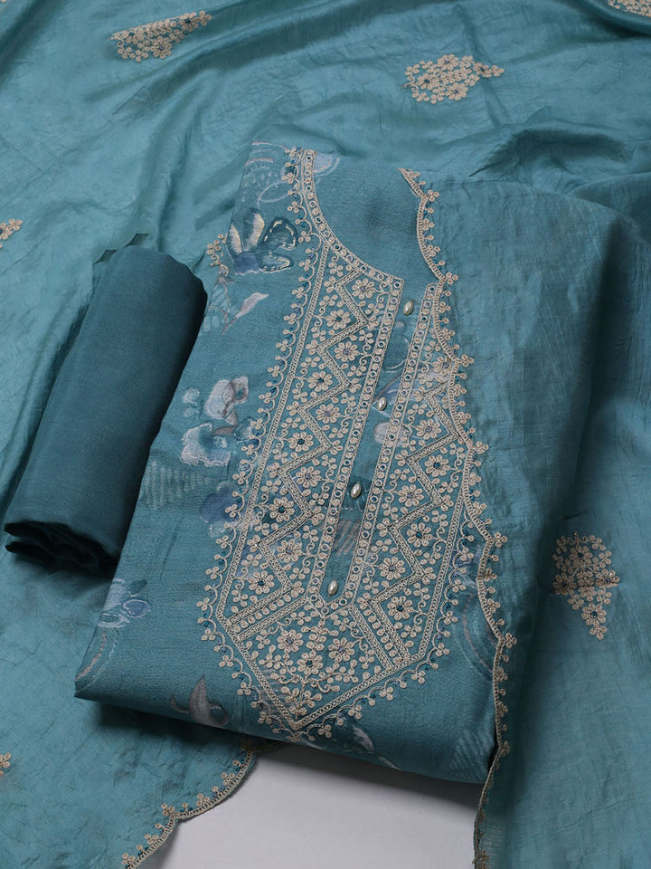 Neck Embroidered Chanderi Unstitched Suit With Dupatta