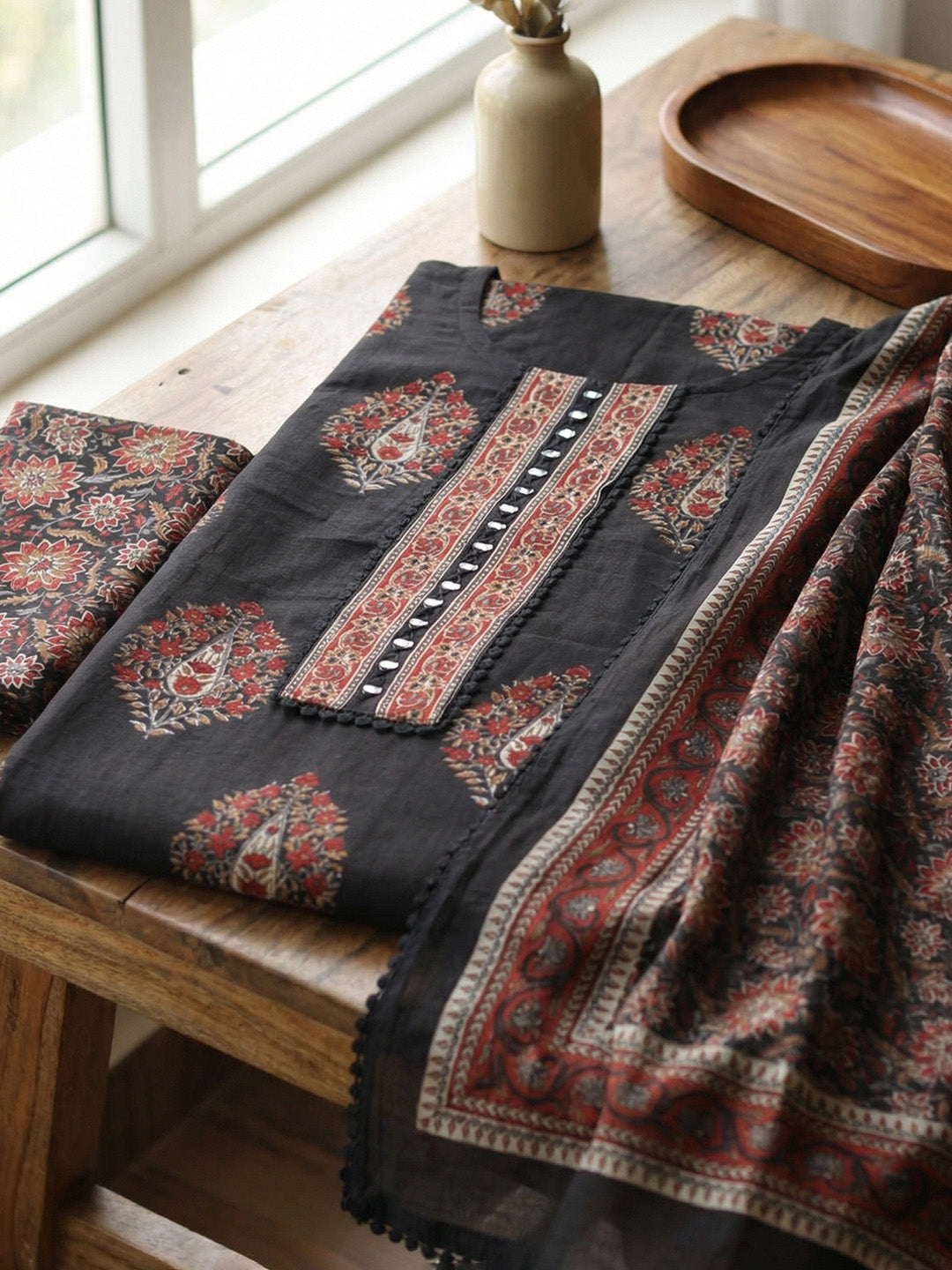Embroidered Cotton Unstitched Suit With Pant &amp; Dupatta