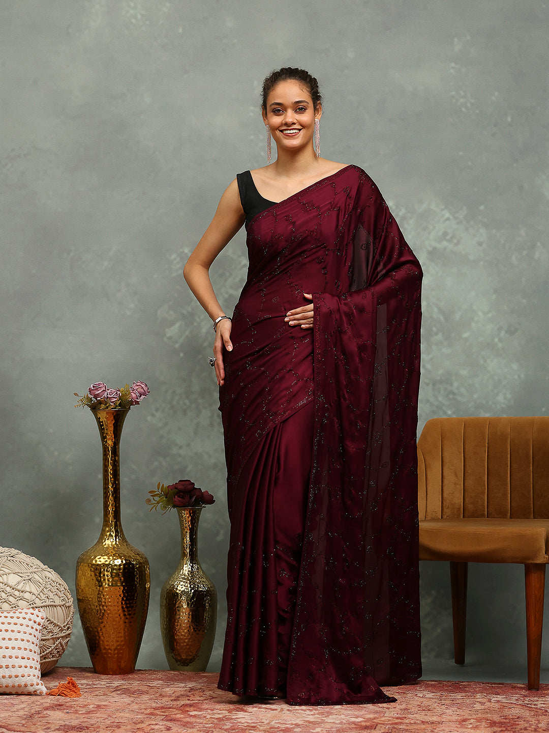Stone Embroidered Satin Saree