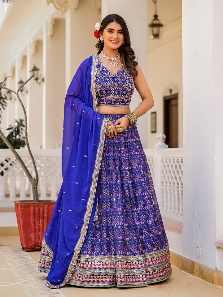 Printed Organza Choli With Lehenga &amp; Dupatta