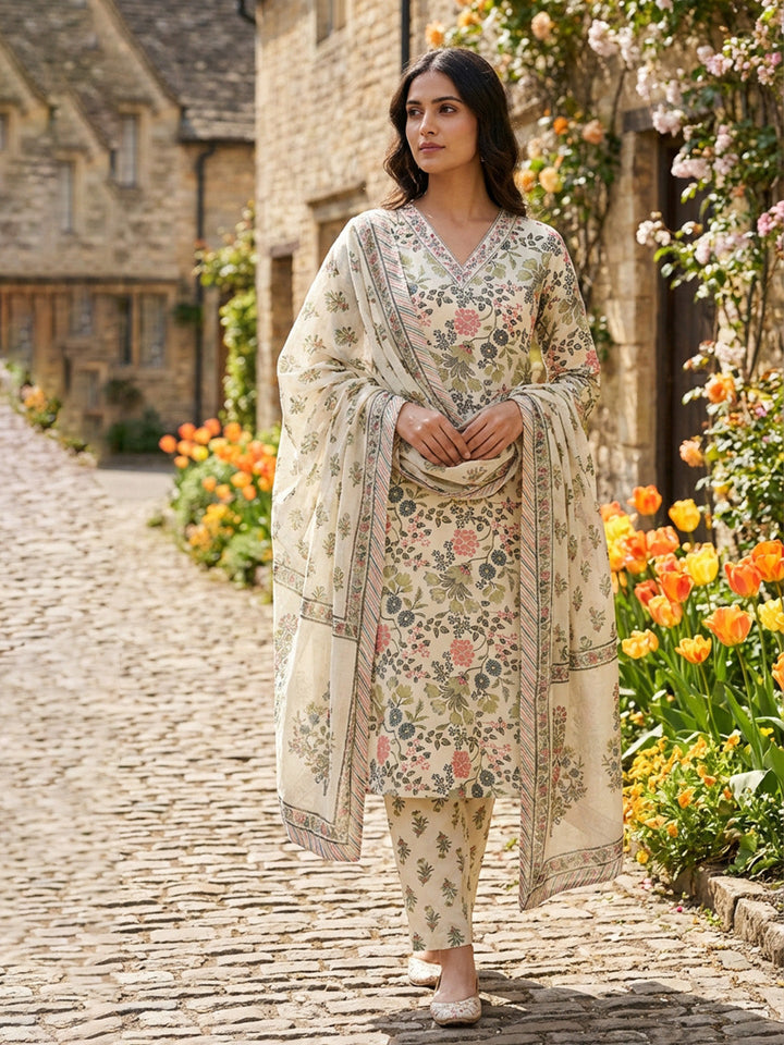 Printed Cotton Blend Suit With Pant &amp; Dupatta
