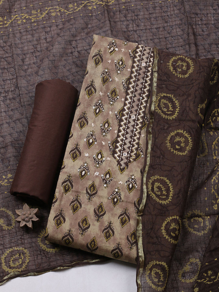 Printed Cotton Blend Unstitched Suit With Pant &amp; Dupatta