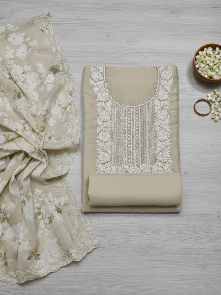Embroidered Chanderi Unstitched Suit With Pant &amp; Dupatta