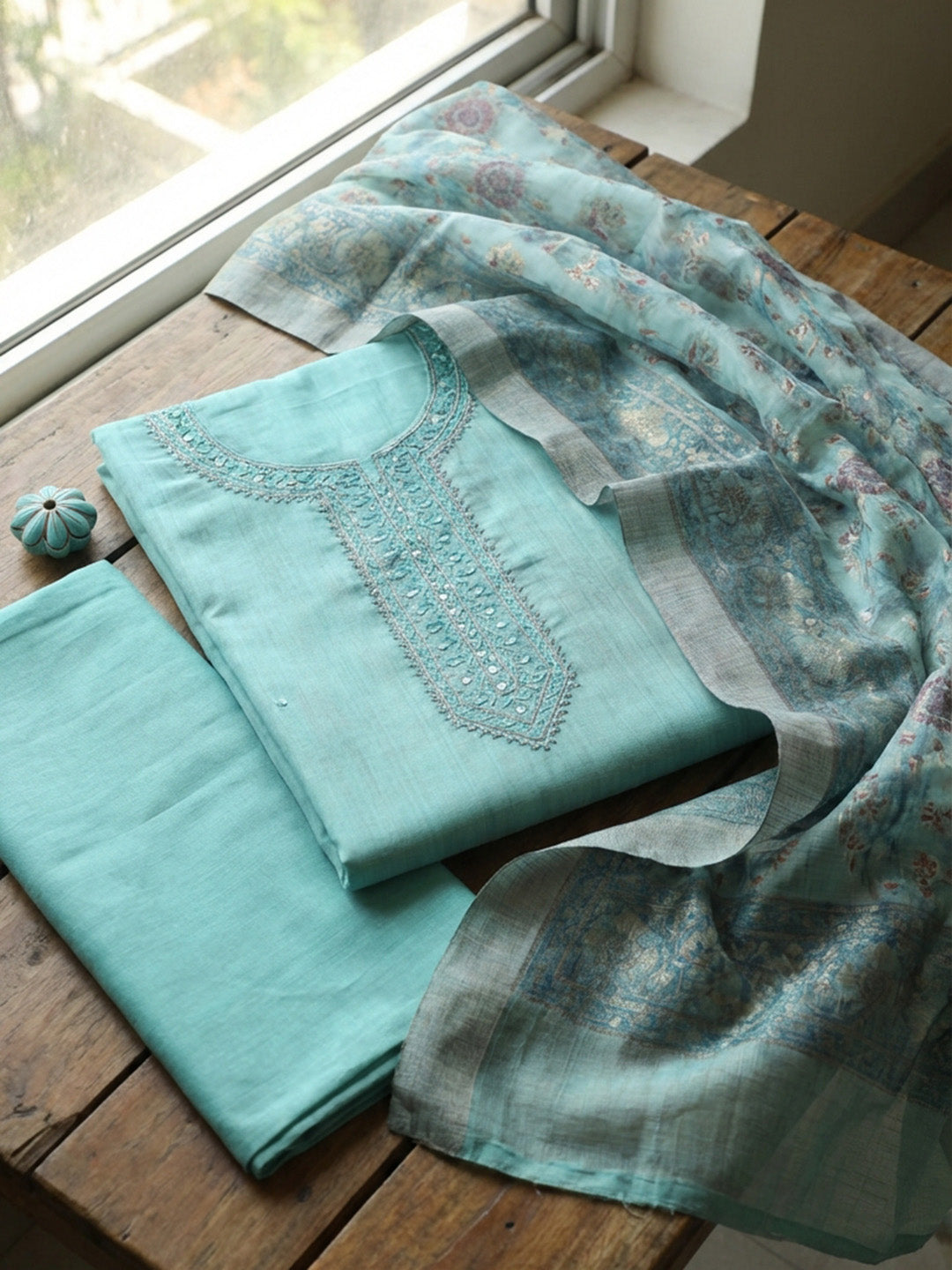 Embroidered Chanderi Unstitched Suit With Pant &amp; Dupatta