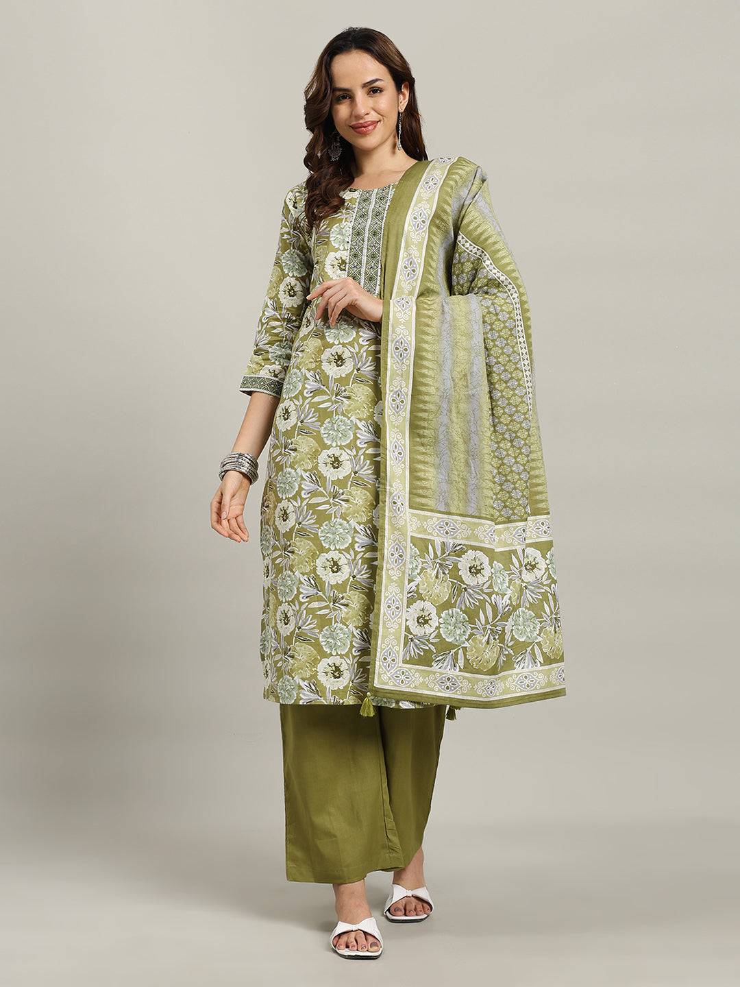 Floral Parinted Cotton Blend Kurta With Pants &amp; Dupatta