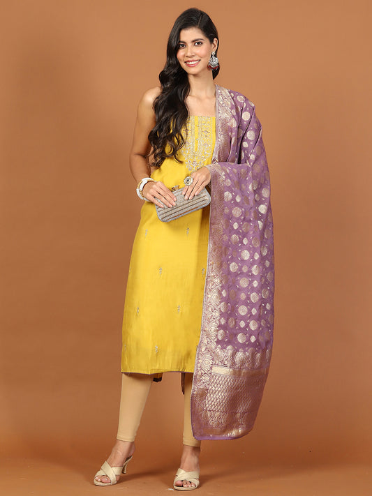 Neck Embroidered Chanderi Unstitched Suit With Dupatta