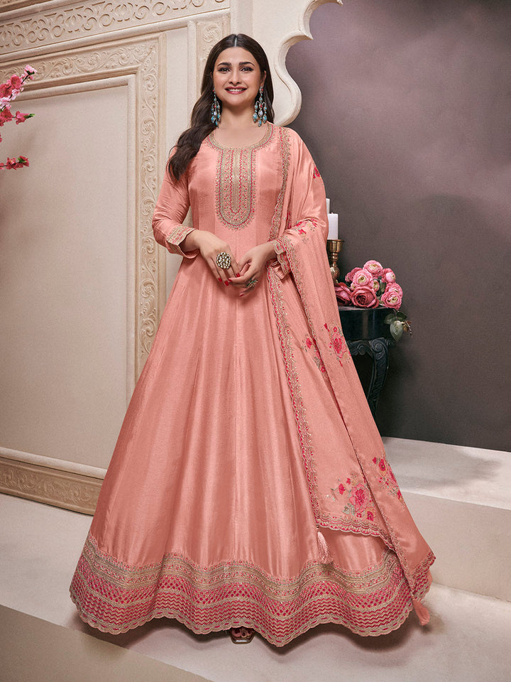 Embroidered Art Silk Unstitched Suit With Pant &amp; Dupatta