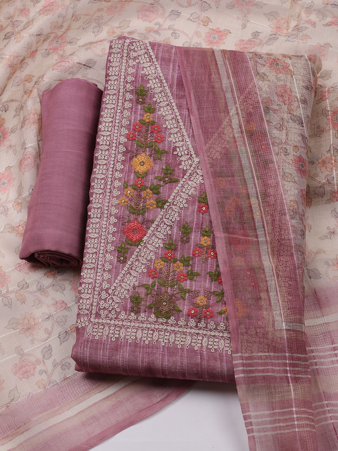 Embroidered Linen Unstitched Kurta With Pant & Dupatta