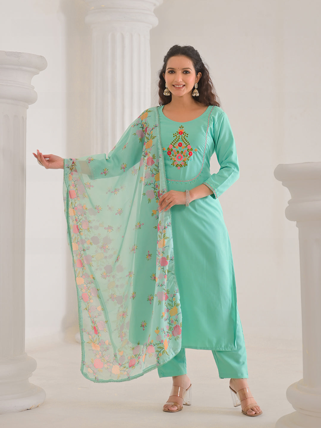 Neck Embroidery Cotton Blend Kurta With Pants &amp; Dupatta