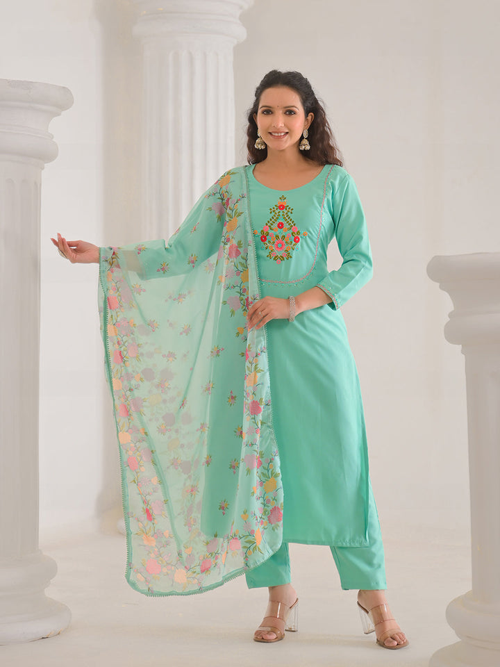 Neck Embroidery Cotton Blend Kurta With Pants &amp; Dupatta