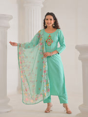 Neck Embroidery Cotton Blend Kurta With Pants & Dupatta