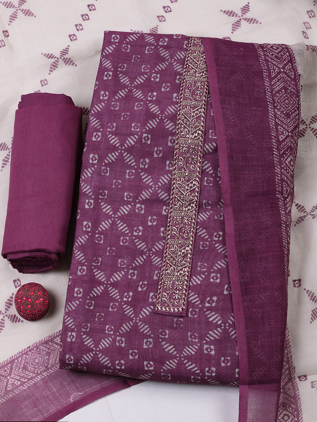 Embroidered Linen Blend Unstitched Suit With Pant &amp; Dupatta