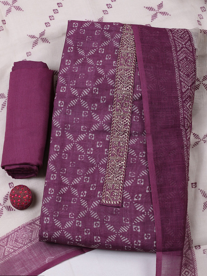 Embroidered Linen Blend Unstitched Suit With Pant &amp; Dupatta