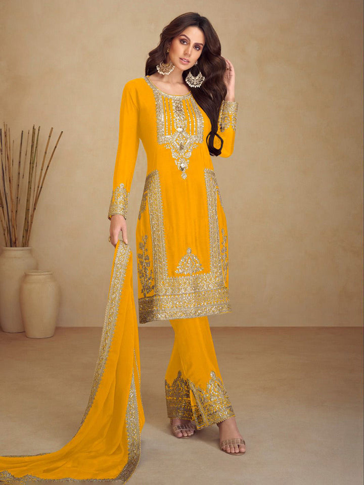 Embroidered Chinon Kurta With Pant &amp; Dupatta