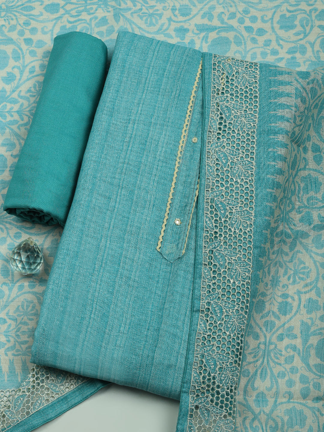 Embroidered Linen Blend Unstitched Suit With Pant &amp; Dupatta