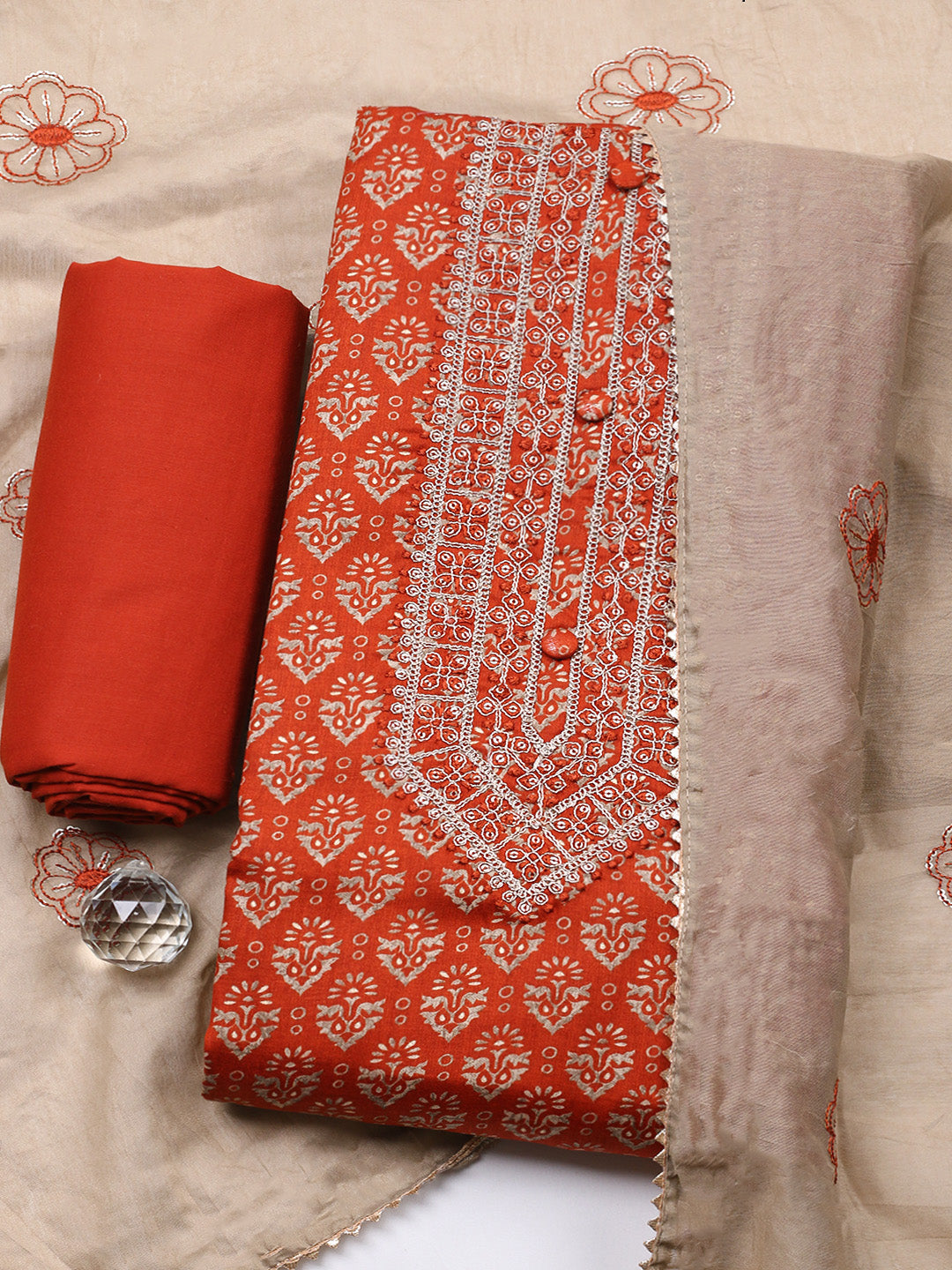 Embroidered Cotton Unstitched Suit With Pant &amp; Dupatta