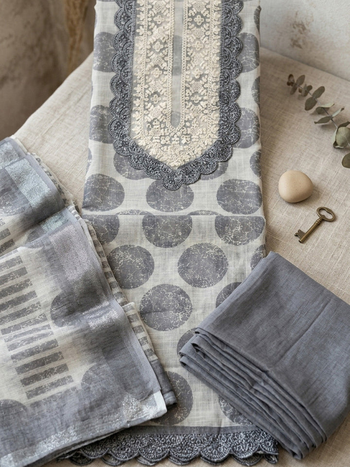 Embroidered Linen Blend Unstitched Suit With Pant &amp; Dupatta