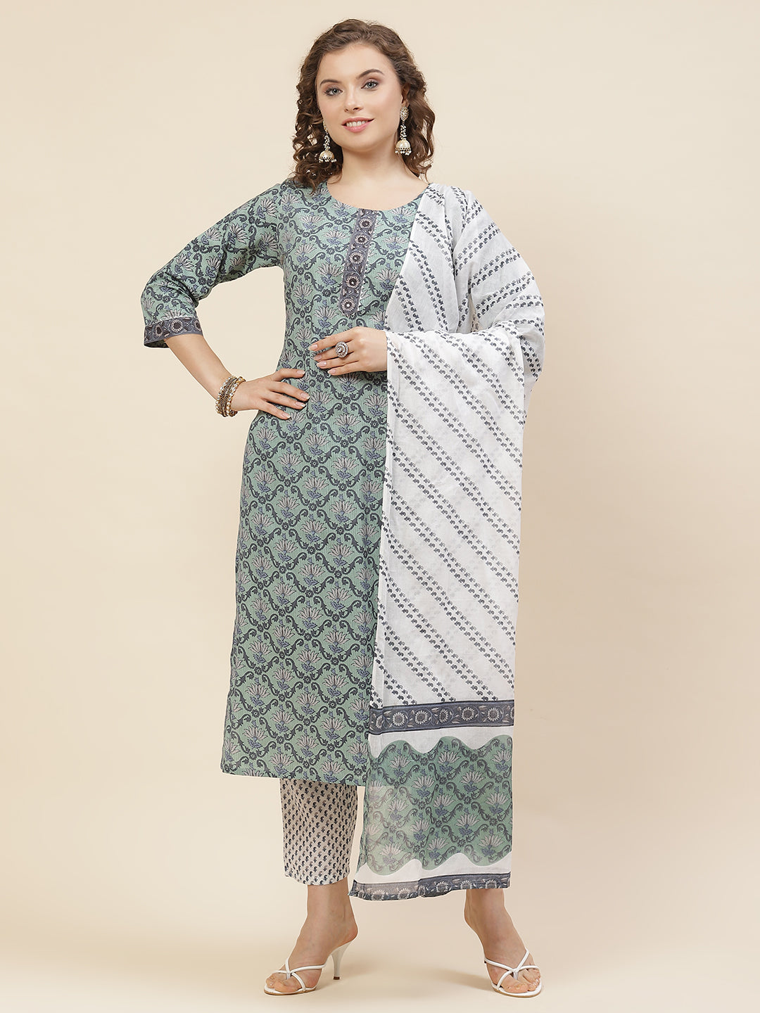 Straight-fit Cotton Suit Set with Dupatta
