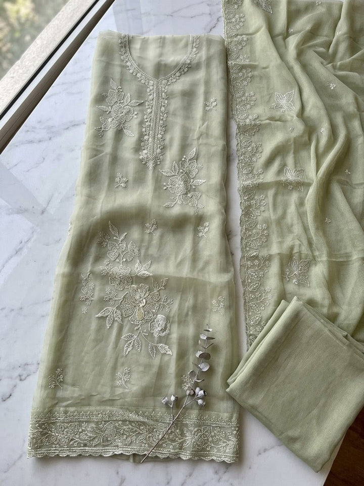 Embroidered Organza Unstitched Suit With Pant &amp; Dupatta