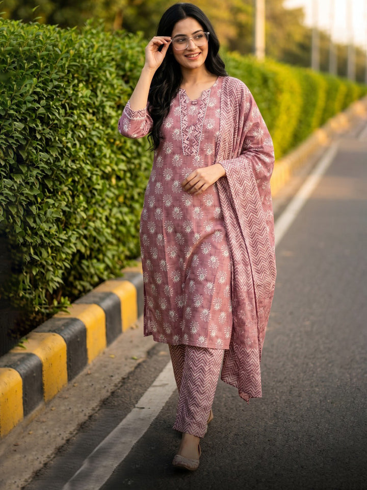 Rust Printed Cotton Blend Straight V Neck Suit Set