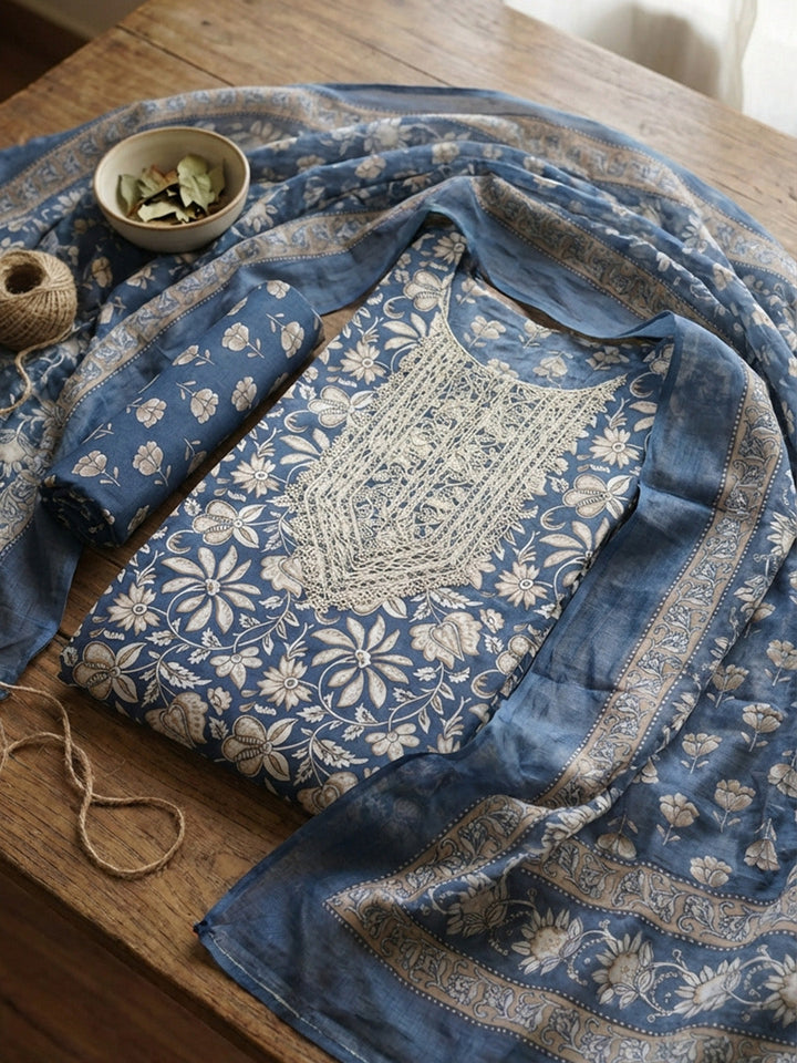 Printed Cotton Blend Unstitched Suit With Pant &amp; Dupatta
