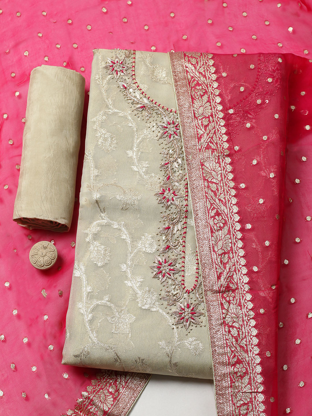 Embroidered Chanderi Unstitched Suit With Pant &amp; Dupatta