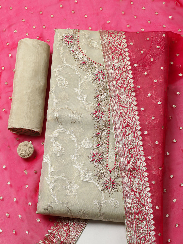 Embroidered Chanderi Unstitched Suit With Pant &amp; Dupatta