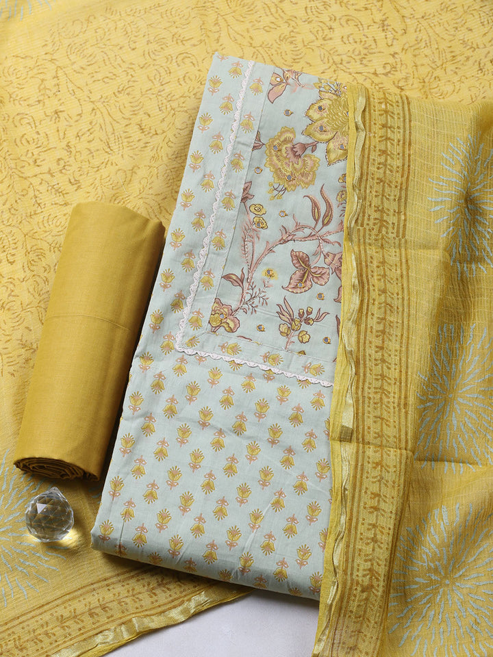 Printed Cotton Blend Unstitched Suit With Pant &amp; Dupatta
