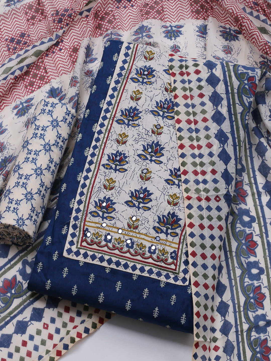 Printed Cotton Blend Unstitched Suit With Dupatta