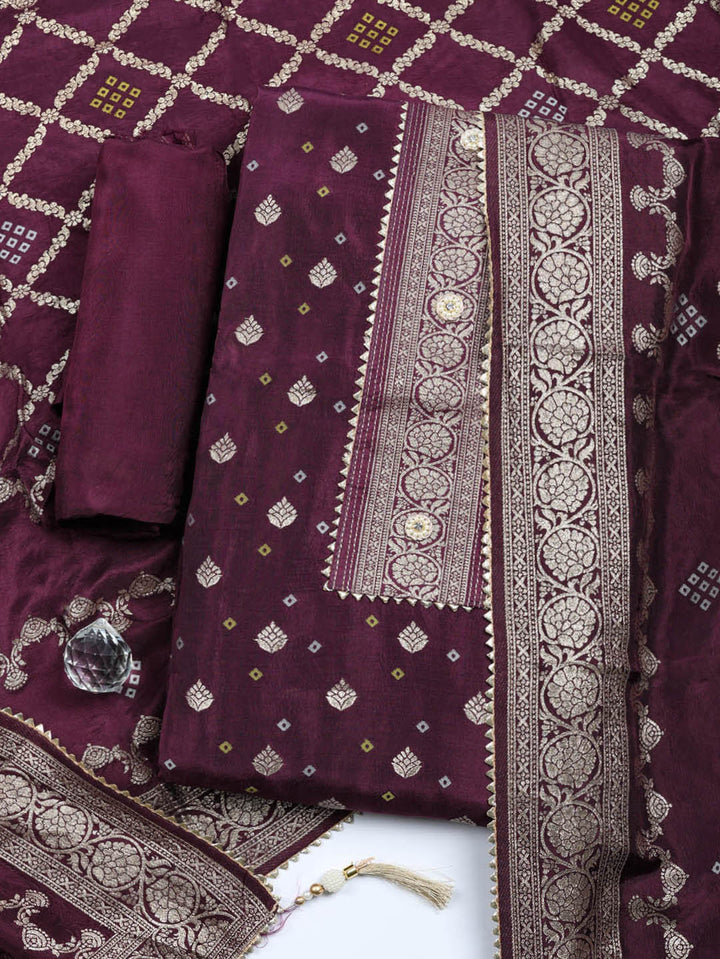 Embroidered Chanderi Unstitched Suit With Pant &amp; Dupatta