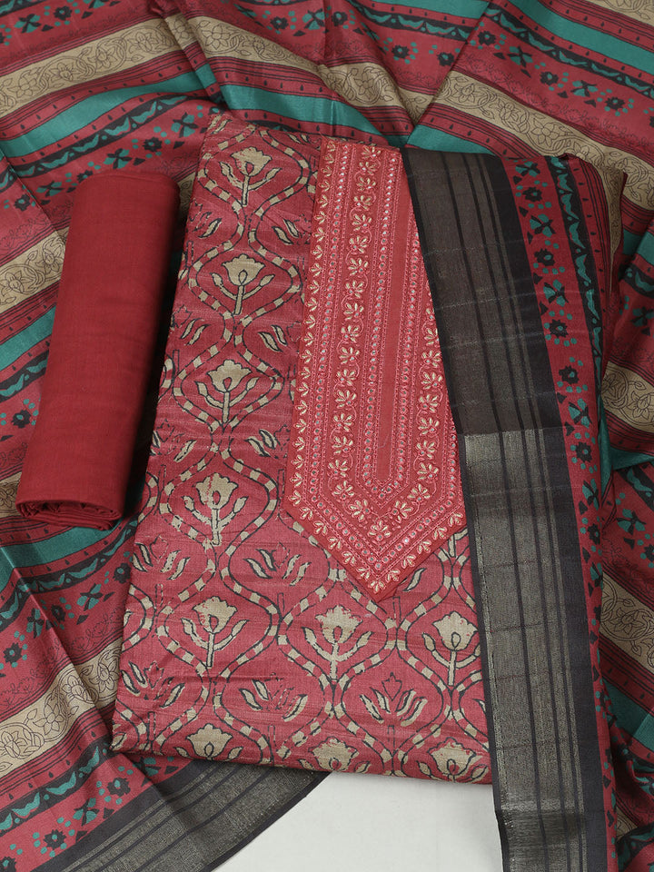 Embroidered Chanderi Unstitched Suit With Pant &amp; Dupatta