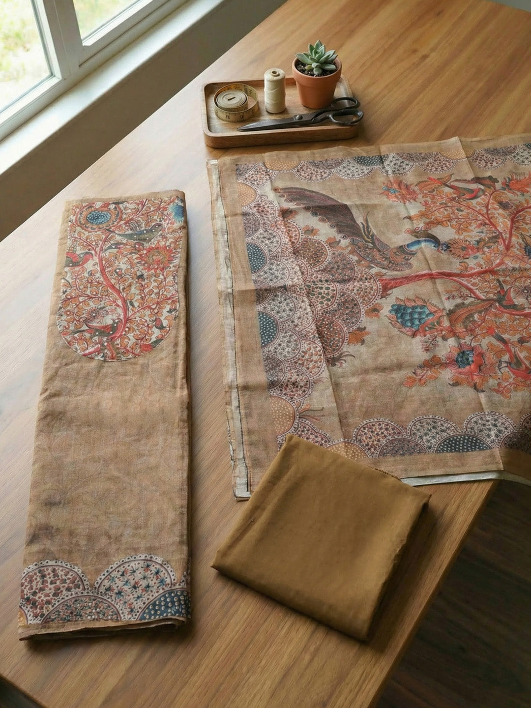 Printed Linen Blend Unstitched Suit With Pant &amp; Dupatta