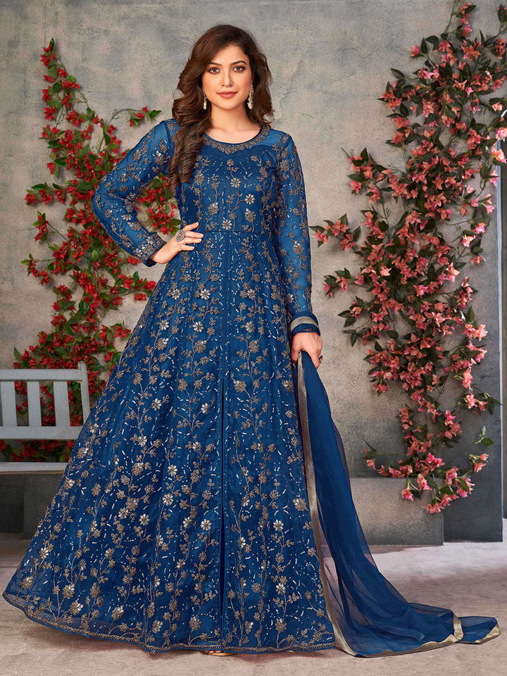 Embroidered Net Semi Stitched Kurta With Pant &amp; Dupatta