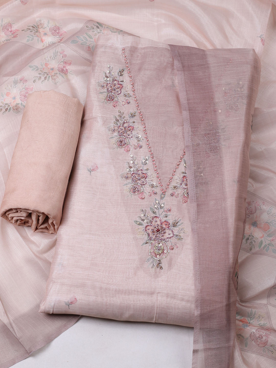 Embroidered Tissue Unstitched Suit With Pant &amp; Dupatta