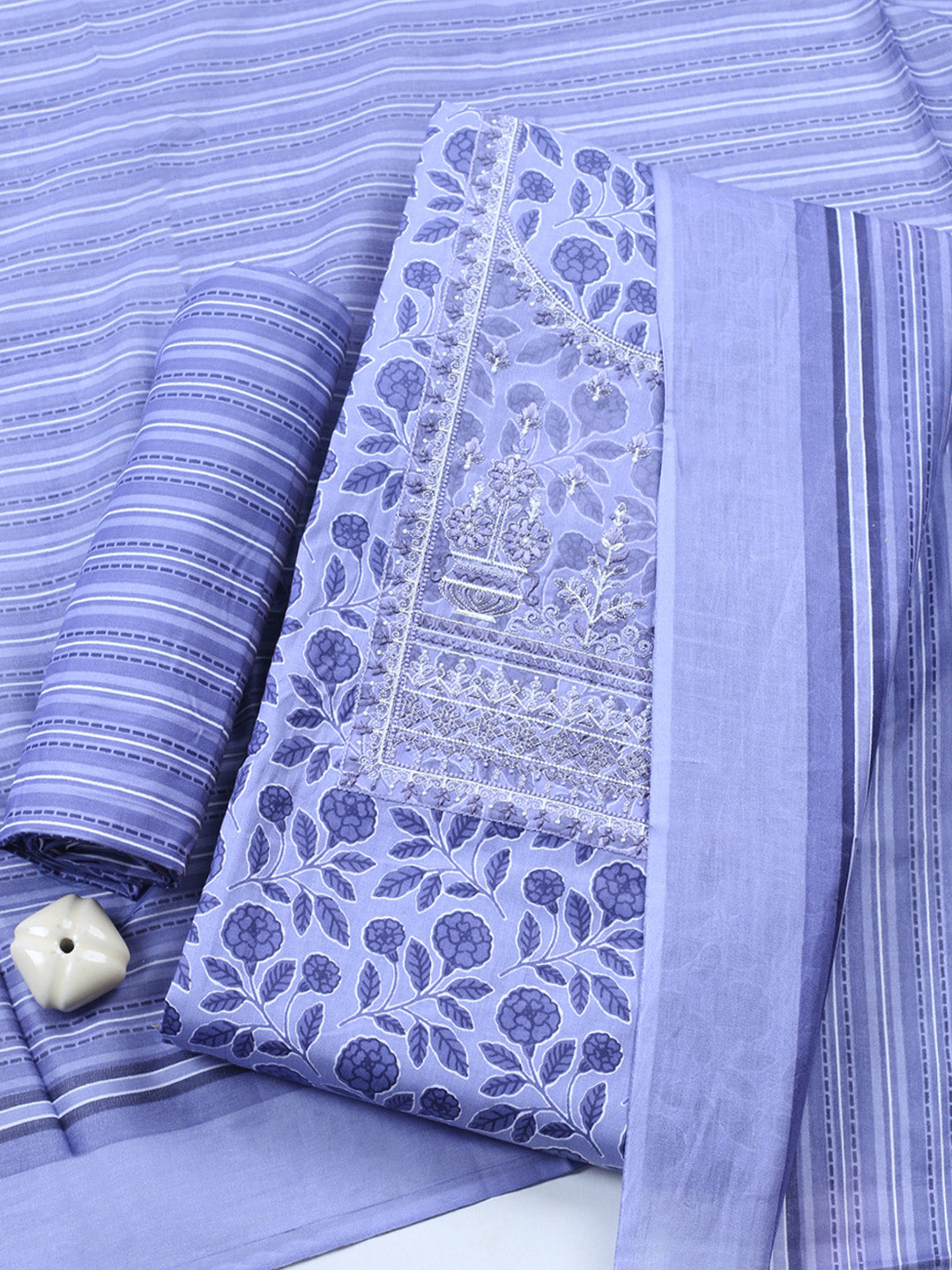Embroidered Cotton Blend Unstitched Suit With Pant &amp; Dupatta