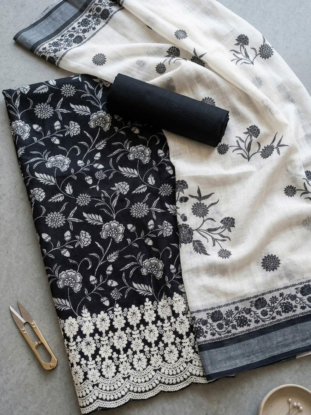 Printed Linen Blend Unstitched Suit With Pant &amp; Dupatta