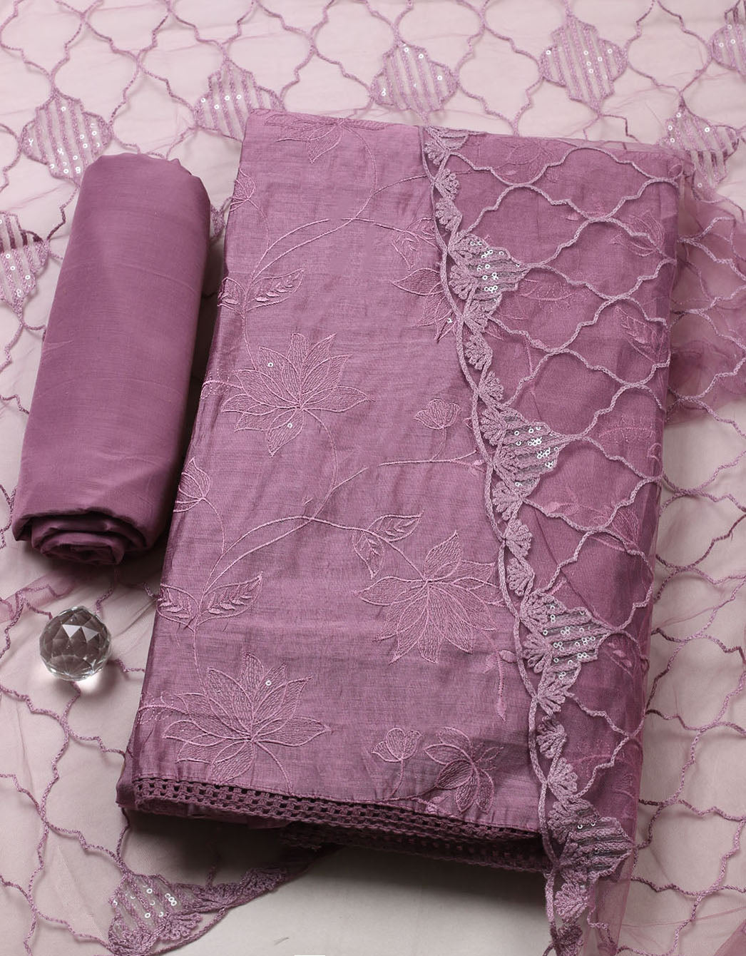 Embroidered Chanderi Unstitched Suit With Pant &amp; Dupatta