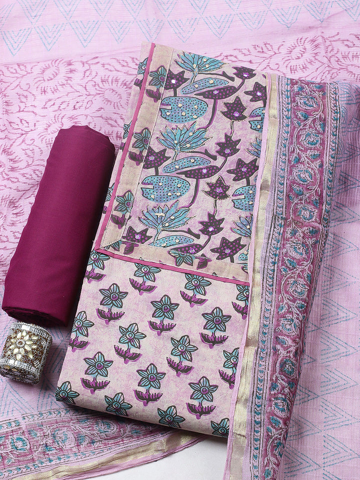 Printed Cotton Blend Unstitched Suit With Pant &amp; Dupatta