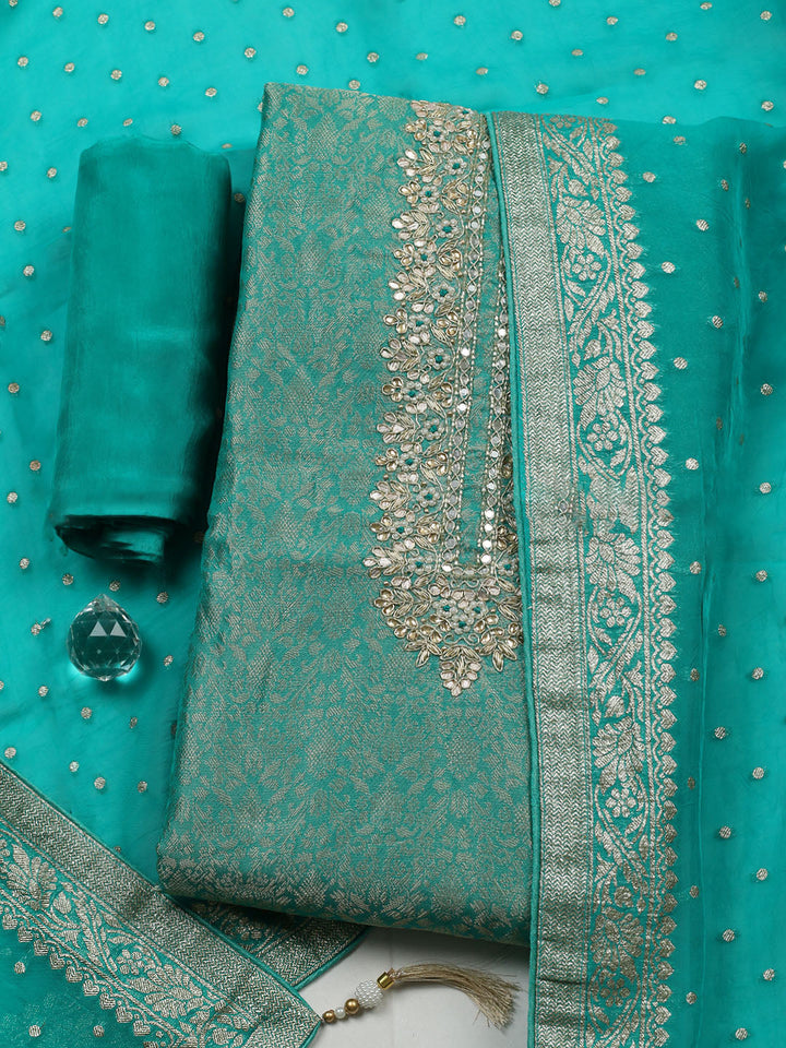Embroidered Chanderi Unstitched Suit With Pant &amp; Dupatta