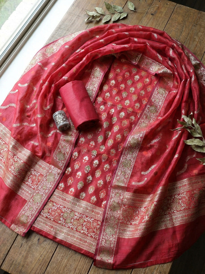 Banarasi Chanderi Unstitched Suit With Pant &amp; Dupatta