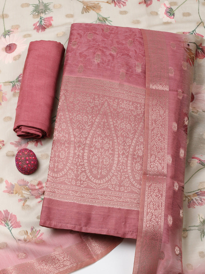 Embroidered Chanderi Unstitched Suit With Pant &amp; Dupatta
